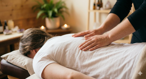 Therapeutin legt Hände auf Rücken einer liegenden Person – Reiki Energiebehandlung